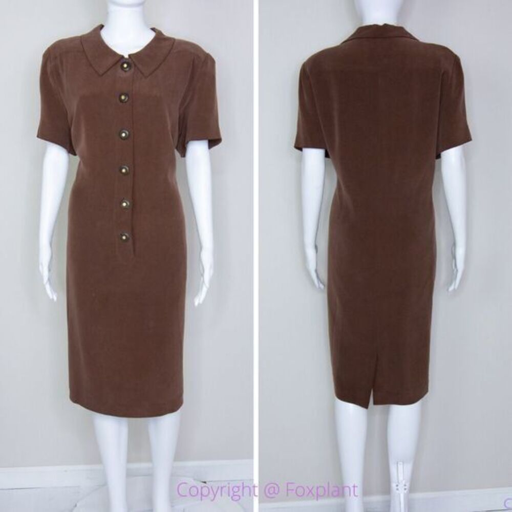Vintage Spenser Jeremy 100% silk button down short‎ sleeves brown midi dress, 16 - Picture 3 of 16
